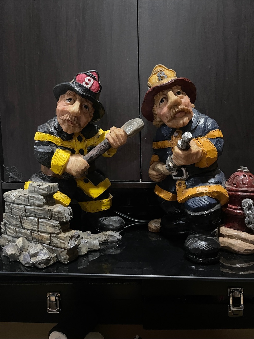 Hand-Painted Firefighter Resin Sculpture Pair - Yellow & Black